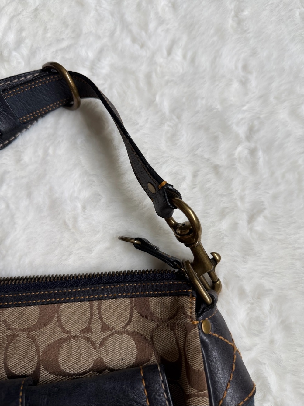 Coach Brown Logo Canvas Shoulder Bag with Dark Blue Leather Trim - Picture 6 of 10
